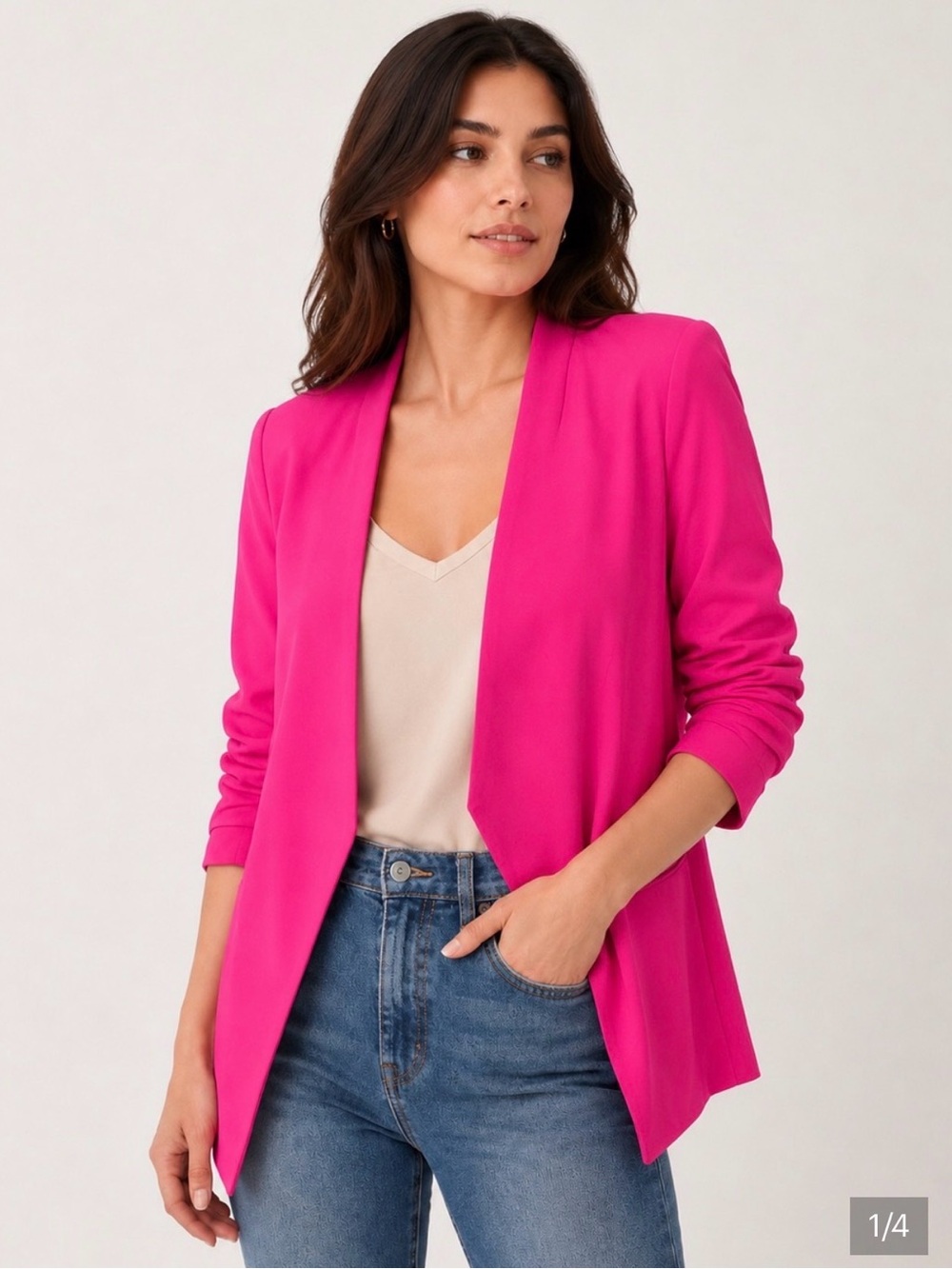Rachel Zoe fuschia pink satin effect oversized open front blazer S